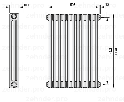 Схема (чертеж) Радиатор Zehnder Charleston 3180/11 №7610 Белый глянцевый RAL 9016